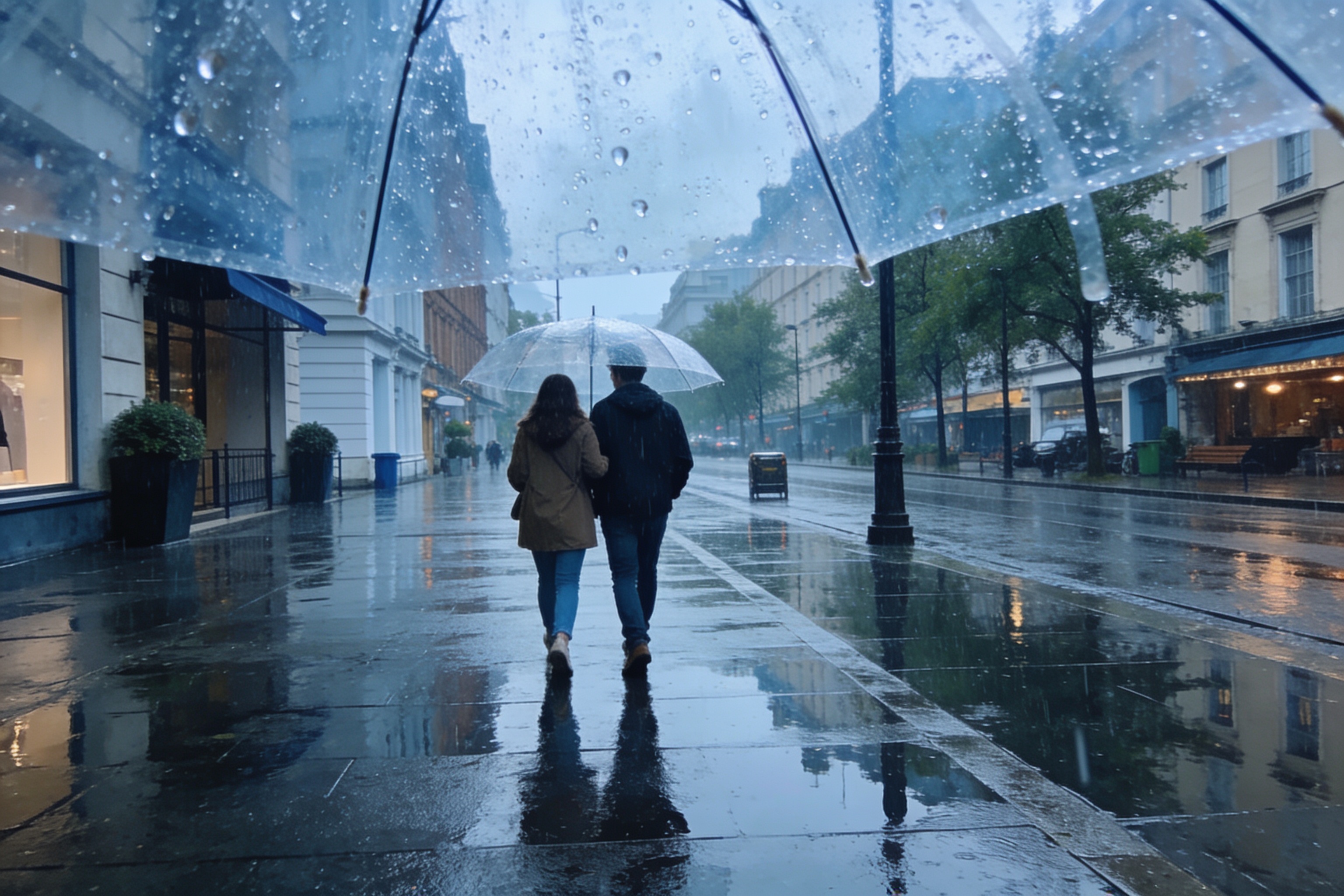 雨后街道倒影与共用雨伞