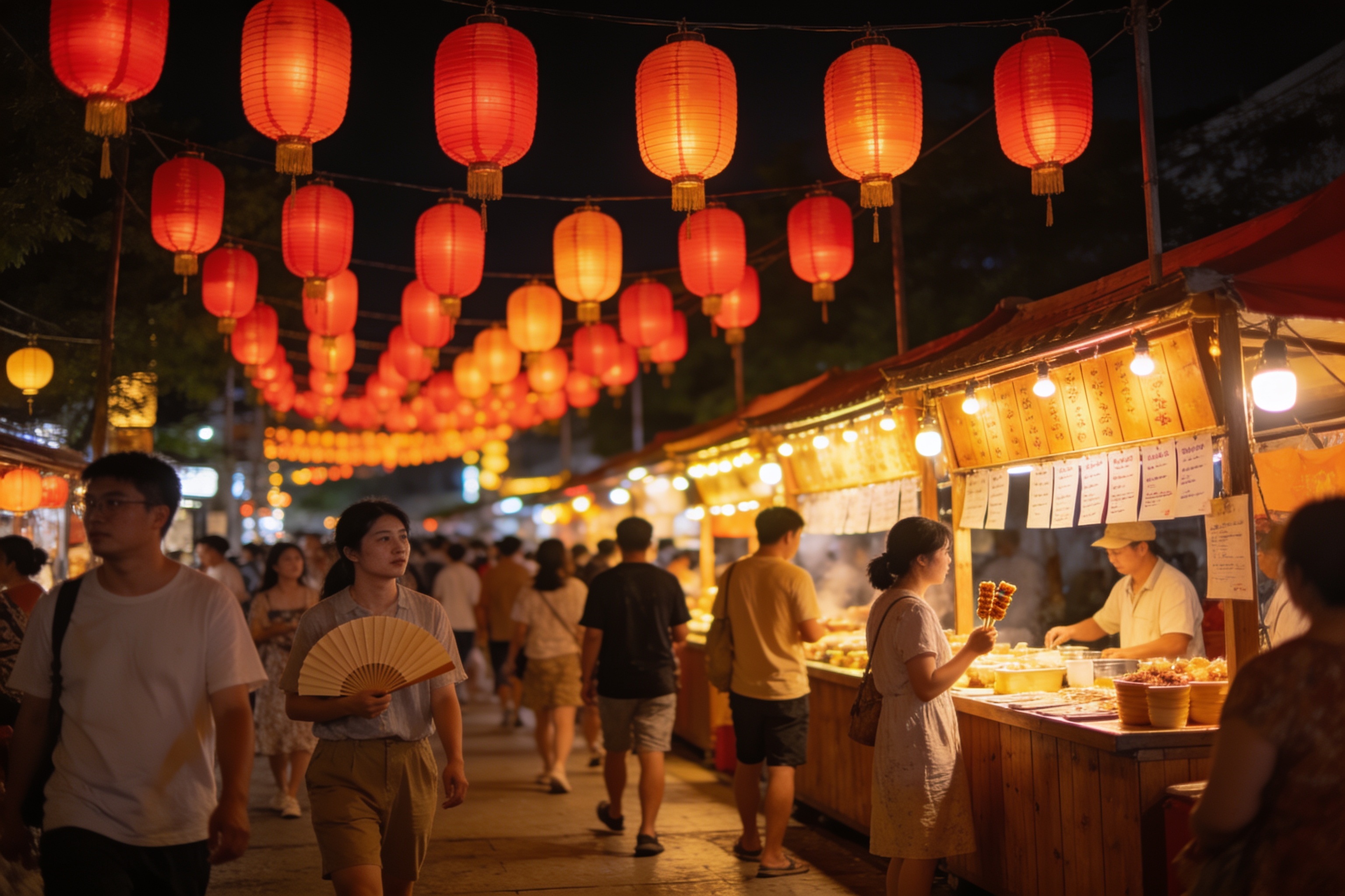 夏日祭典灯笼与夜间摊位